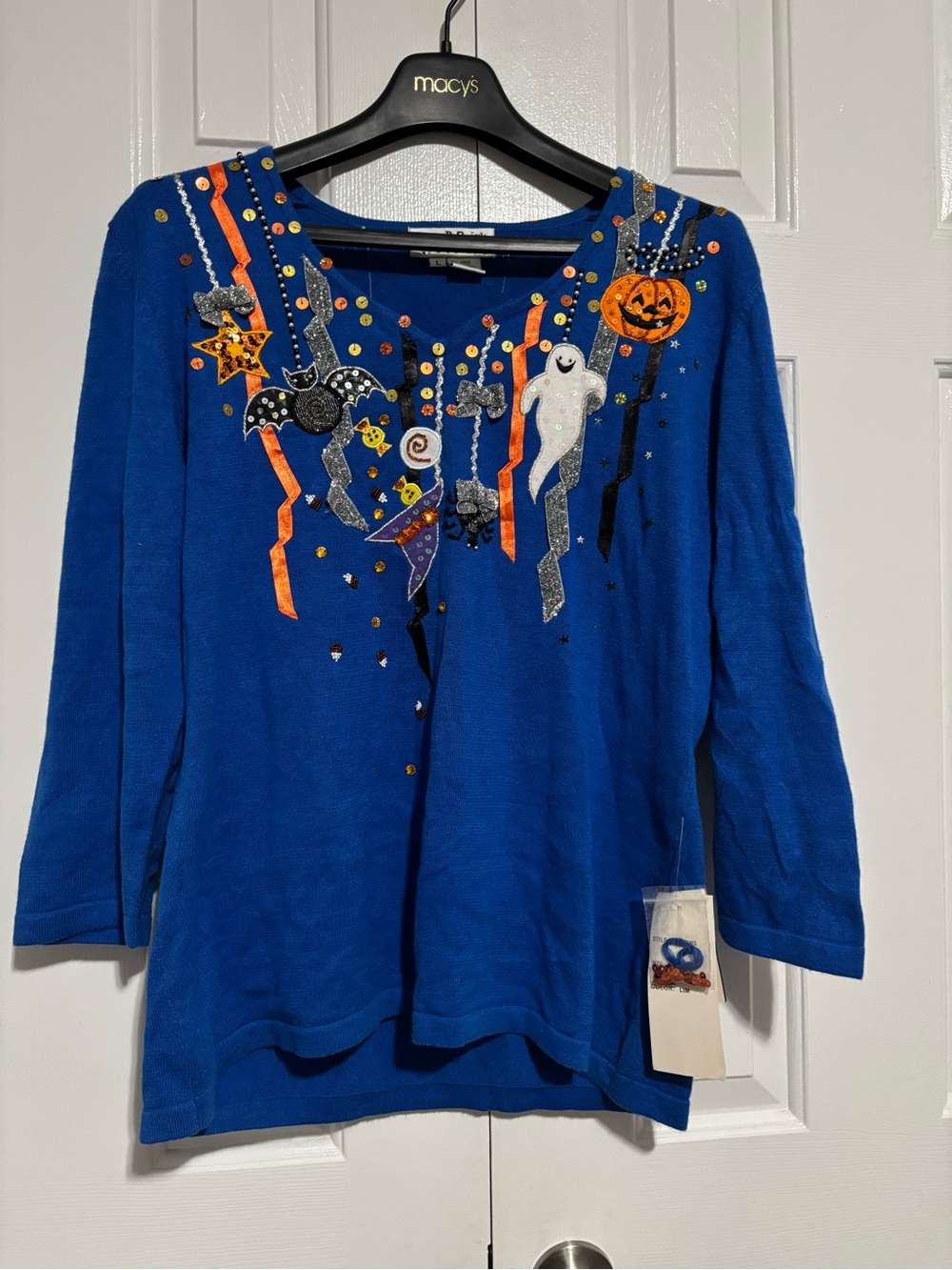 Blue Embellished Halloween Pullover Sweater